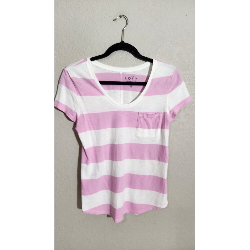 LOFT Shirt Womens XS Pink White Striped Pocket Tee Vintage Soft 100% Cotton Top